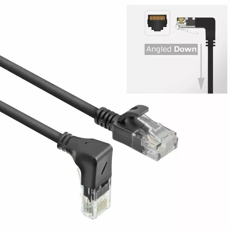 ACT Schwarz 5 Meter U/UTP CAT6A LSZH Slimline-Patchkabel mit RJ45-Steckern 90° abgewinkelt nach unten auf gerade