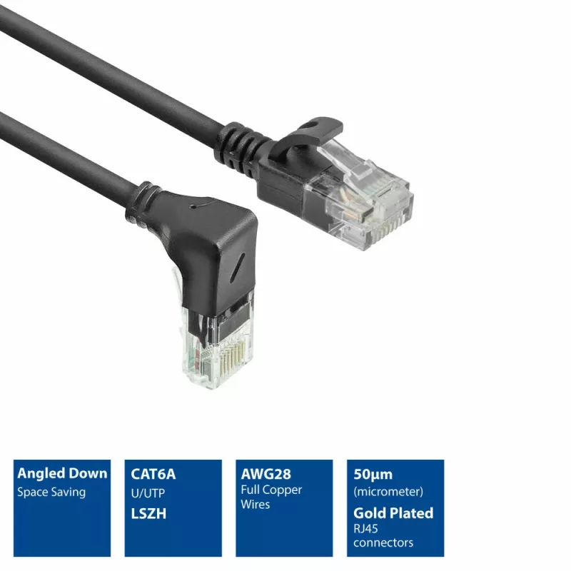 ACT Schwarz 5 Meter U/UTP CAT6A LSZH Slimline-Patchkabel mit RJ45-Steckern 90° abgewinkelt nach unten auf gerade