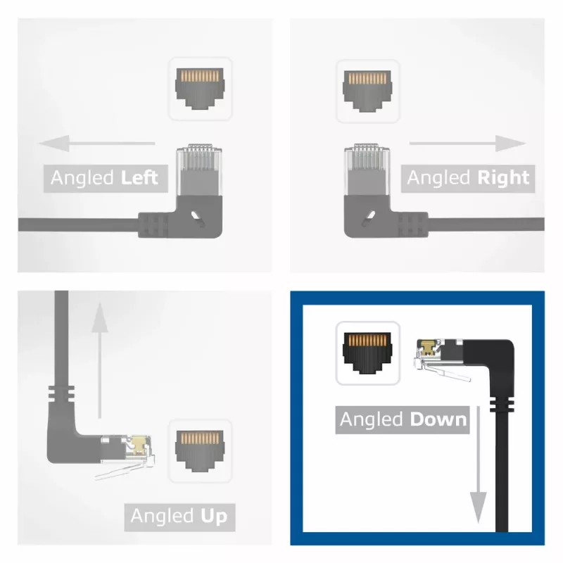 ACT Schwarz 5 Meter U/UTP CAT6A LSZH Slimline-Patchkabel mit RJ45-Steckern 90° abgewinkelt nach unten auf gerade