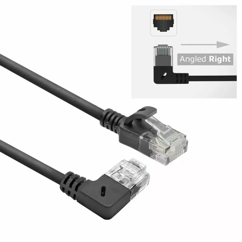 ACT Schwarz 0,5 Meter U/UTP CAT6A LSZH Slimline-Patchkabel mit RJ45-Steckern 90° abgewinkelt rechts auf gerade