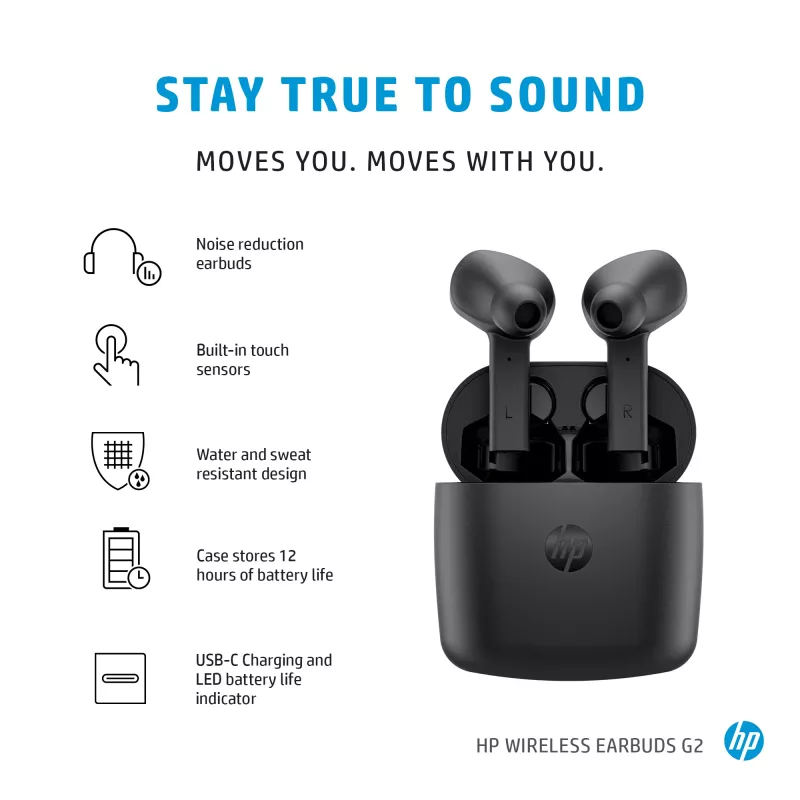 HP Wireless Earbuds G2, Kabellos, Musik, 12 g, Kopfhörer, Schwarz