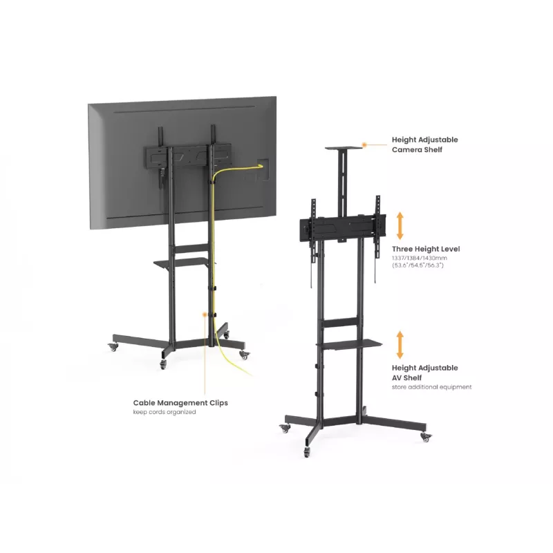 TV-Rollwagen EQUIP 37 Zoll–70 Zoll Economy für 37–70 Zoll Bildschirme, 70 kg Tragfähigkeit, VESA 100x100–600x400, Höhe 1337–1430 mm, Neigung -10°–5°, schwarz
