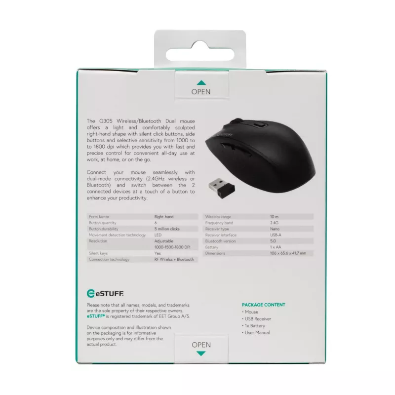 eSTUFF GLB214002 Maus Office Rechtshänder RF Wireless + Bluetooth IR-LED 1800 DPI