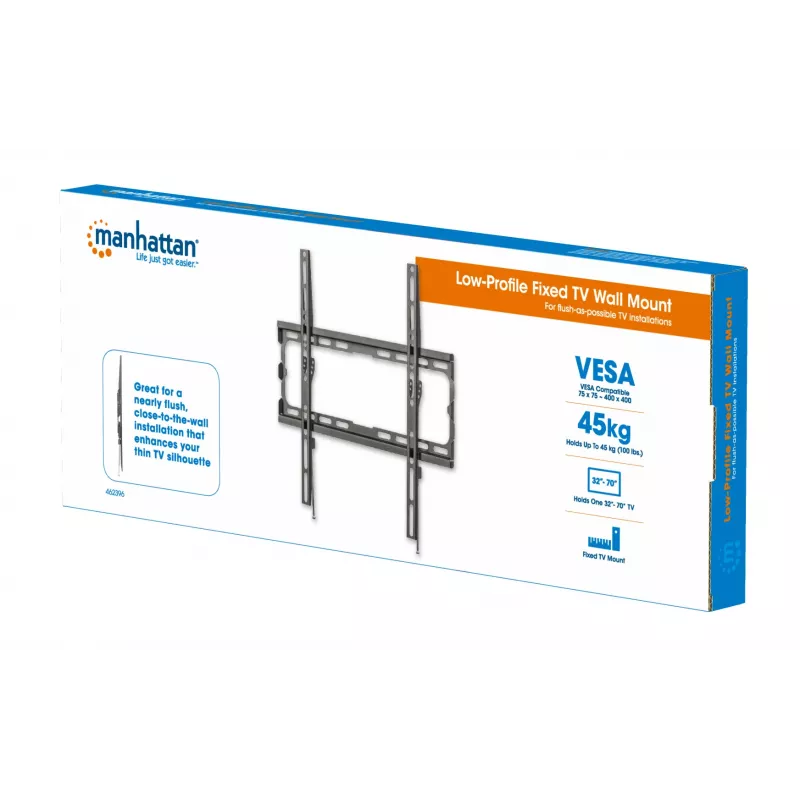 Manhattan Wandhalterung für TV & Monitore (Festmontage), Für Bildschirme von 32 Zoll bis 55 Zoll, VESA-Kompatibilität: alle zwischen 200x200 mm und 400x400 mm – überprüfen Sie die Abmessungen der vier Befestigungslöcher auf der Rückseite des Bildschirms, um sicherzustellen, dass sie passt, Max. 40 kg, Schwarz, Halterung