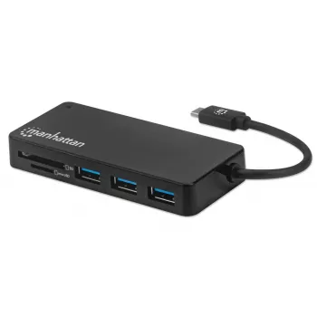 Manhattan USB-C Dock/Hub mit Kartenleser, Anschlüsse (x3): USB-A (x3), 5 Gbit/s (USB 3.2 Gen1 alias USB 3.0), Externe Stromversorgung nicht erforderlich, Universell für alle Geräte, SuperSpeed USB, Schwarz, Drei Jahre Garantie