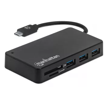 Manhattan USB-C Dock/Hub mit Kartenleser, Anschlüsse (x3): USB-A (x3), 5 Gbit/s (USB 3.2 Gen1 alias USB 3.0), Externe Stromversorgung nicht erforderlich, Universell für alle Geräte, SuperSpeed USB, Schwarz, Drei Jahre Garantie