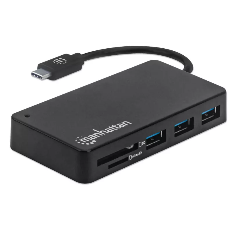 Manhattan USB-C Dock/Hub mit Kartenleser, Anschlüsse (x3): USB-A (x3), 5 Gbit/s (USB 3.2 Gen1 alias USB 3.0), Externe Stromversorgung nicht erforderlich, Universell für alle Geräte, SuperSpeed USB, Schwarz, Drei Jahre Garantie