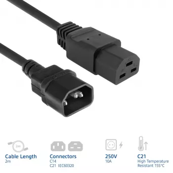 Netzkabel ACT C14 auf C21 IEC60320, 2 m, 250 V, 10 A, schwarz