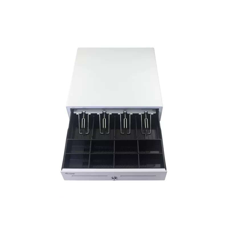 Kassenschublade EQUIP 351011, manuelle/automatische Kassenschublade, 4 Geldschein- / 8 Münzfächer, Metall, weiß, 420×405×110 mm