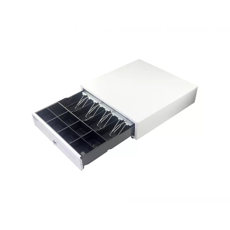 Kassenschublade EQUIP 351011, manuelle/automatische Kassenschublade, 4 Geldschein- / 8 Münzfächer, Metall, weiß, 420×405×110 mm