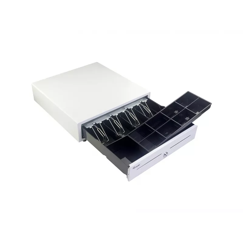 Kassenschublade EQUIP 351011, manuelle/automatische Kassenschublade, 4 Geldschein- / 8 Münzfächer, Metall, weiß, 420×405×110 mm
