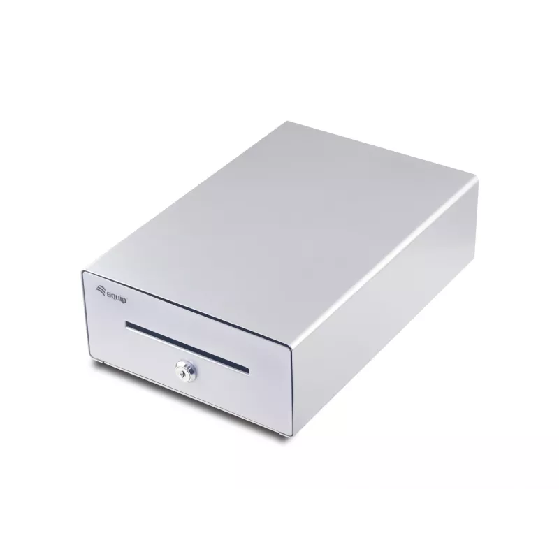 Equip Kassenschublade für Kassensysteme (POS), 4 Geldschein-/4 Münzfächer, herausnehmbare Münzschlitze, RJ11-Anschluss, Aluminium