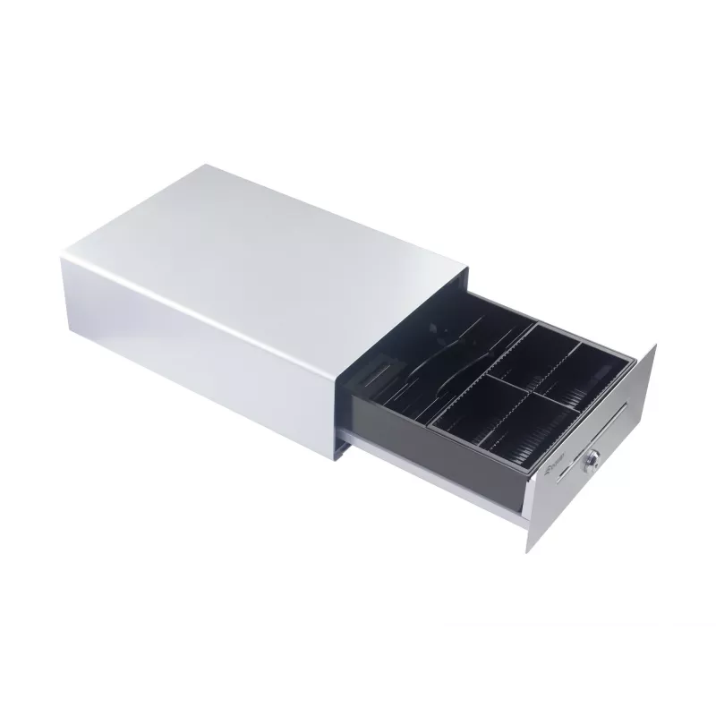 Equip Kassenschublade für Kassensysteme (POS), 4 Geldschein-/4 Münzfächer, herausnehmbare Münzschlitze, RJ11-Anschluss, Aluminium
