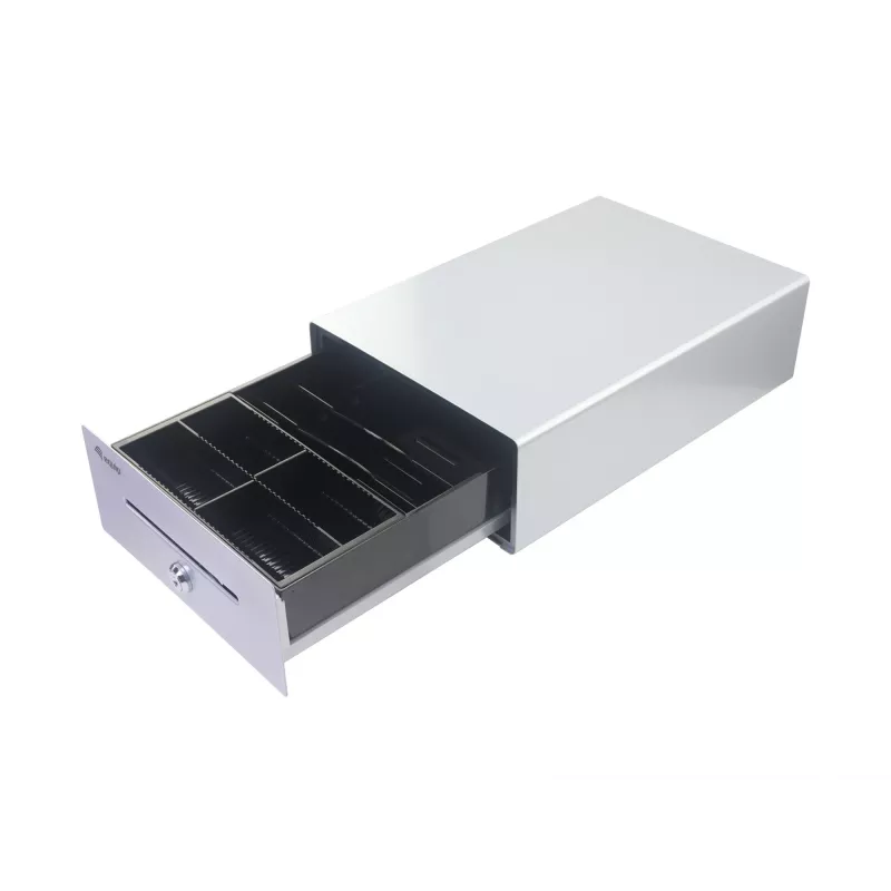 Equip Kassenschublade für Kassensysteme (POS), 4 Geldschein-/4 Münzfächer, herausnehmbare Münzschlitze, RJ11-Anschluss, Aluminium