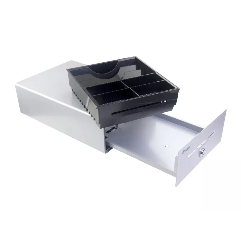 Equip Kassenschublade für Kassensysteme (POS), 4 Geldschein-/4 Münzfächer, herausnehmbare Münzschlitze, RJ11-Anschluss, Aluminium
