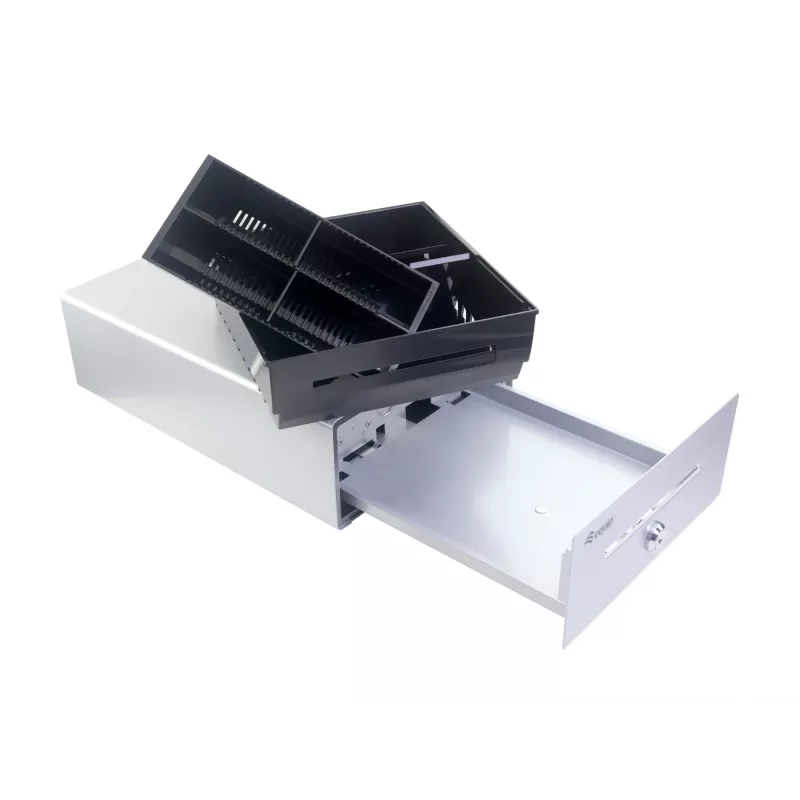 Equip Kassenschublade für Kassensysteme (POS), 4 Geldschein-/4 Münzfächer, herausnehmbare Münzschlitze, RJ11-Anschluss, Aluminium