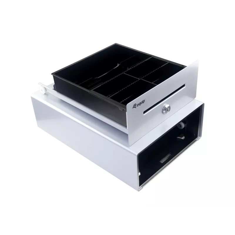 Equip Kassenschublade für Kassensysteme (POS), 4 Geldschein-/4 Münzfächer, herausnehmbare Münzschlitze, RJ11-Anschluss, Aluminium