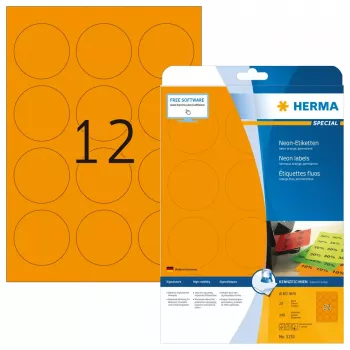 Selbstklebende Druckeretiketten HERMA Neon-Etiketten A4 Ø 60 mm rund leuchtend orange