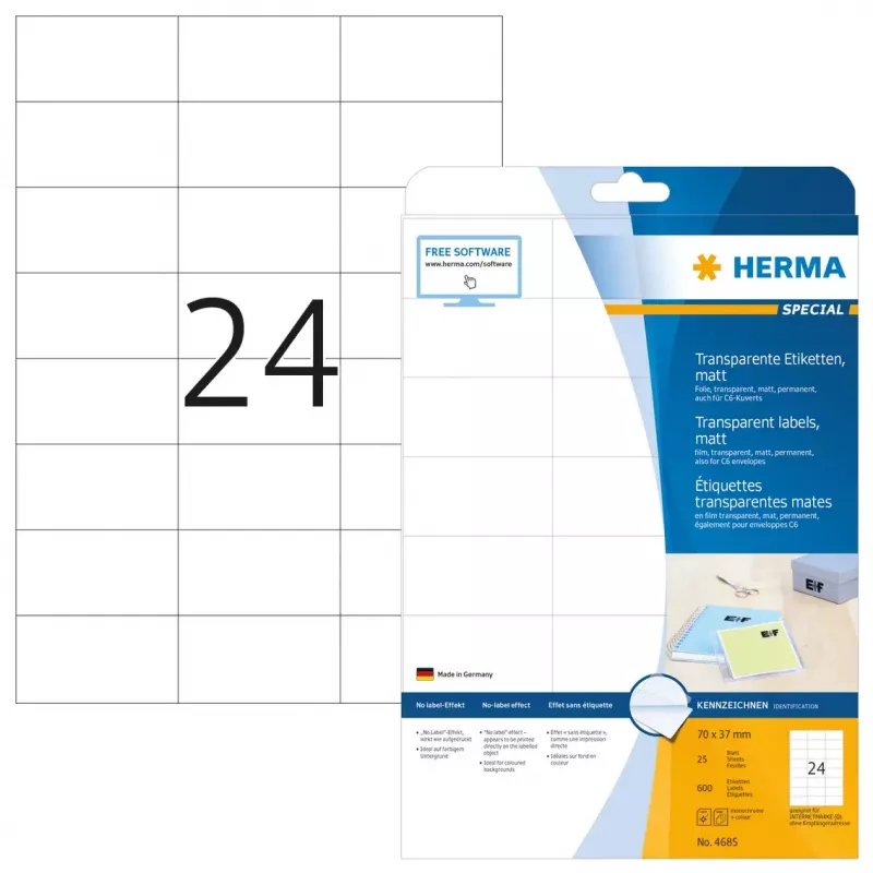 Transparente Mattetiketten A4 HERMA 70x37 mm 600 Stück