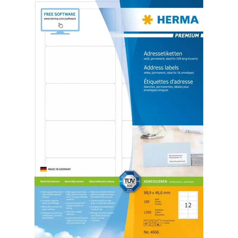Adressetiketten Premium HERMA A4 88,9x46,6 mm 1200 Stück