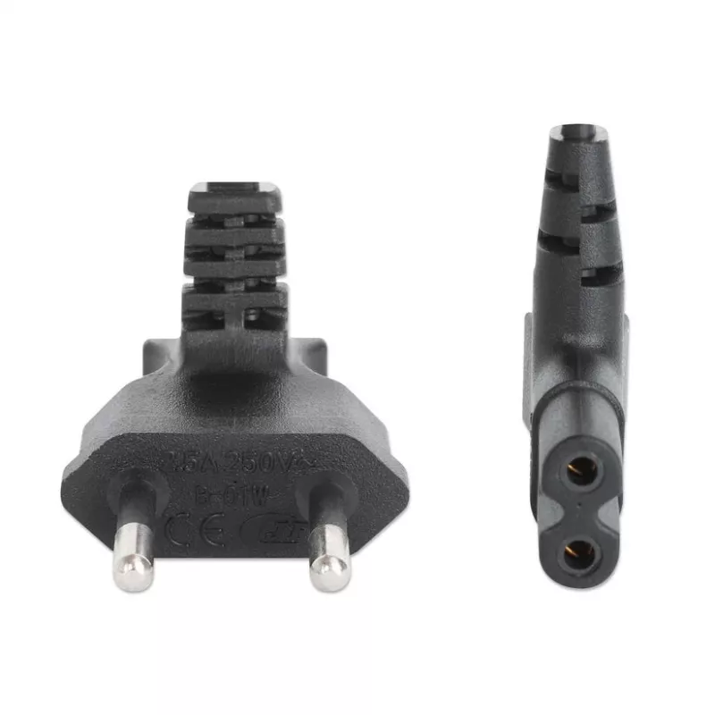 Manhattan Netzkabel (gewinkelt), Euro 2-Pin (CEE 7/16 Euro 8) Stecker auf C7 Buchse (Achterkabel), 2m, 2,3A, Schwarz, Blei, Lebenslange Garantie