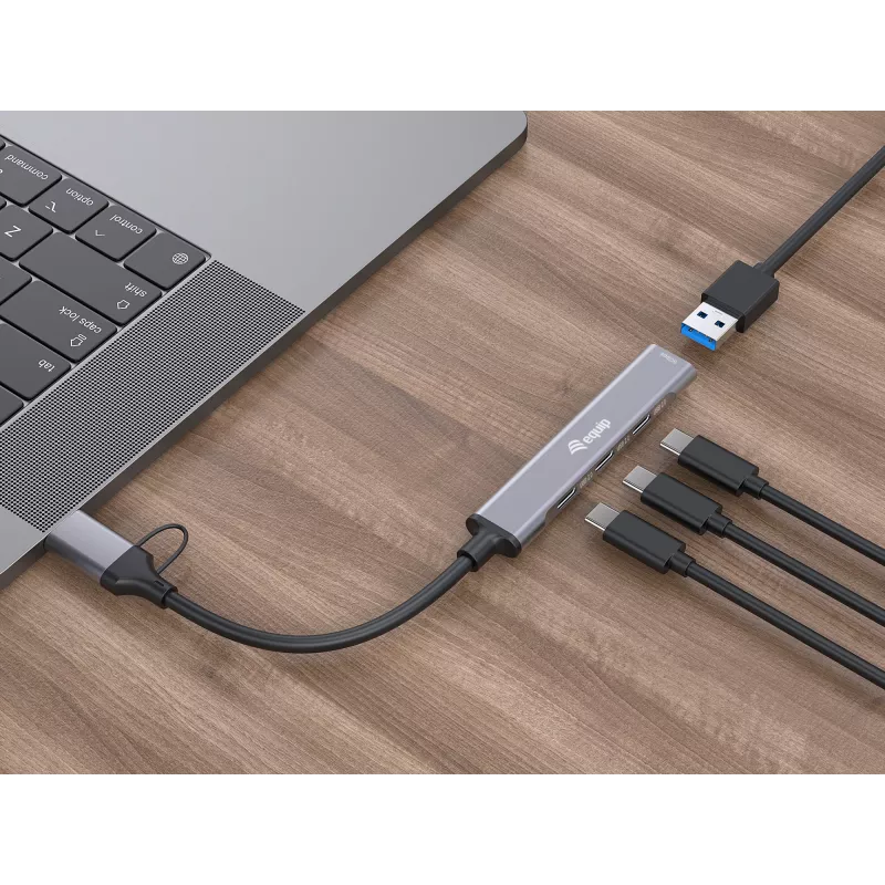 USB 3.2 Gen 1 4-Port Hub EQUIP — 3× USB‑C + 1× USB‑A, 5 Gbit/s, Aluminium, grau