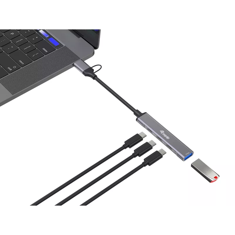 USB 3.2 Gen 1 4-Port Hub EQUIP — 3× USB‑C + 1× USB‑A, 5 Gbit/s, Aluminium, grau