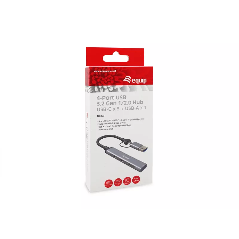 USB 3.2 Gen 1 4-Port Hub EQUIP — 3× USB‑C + 1× USB‑A, 5 Gbit/s, Aluminium, grau