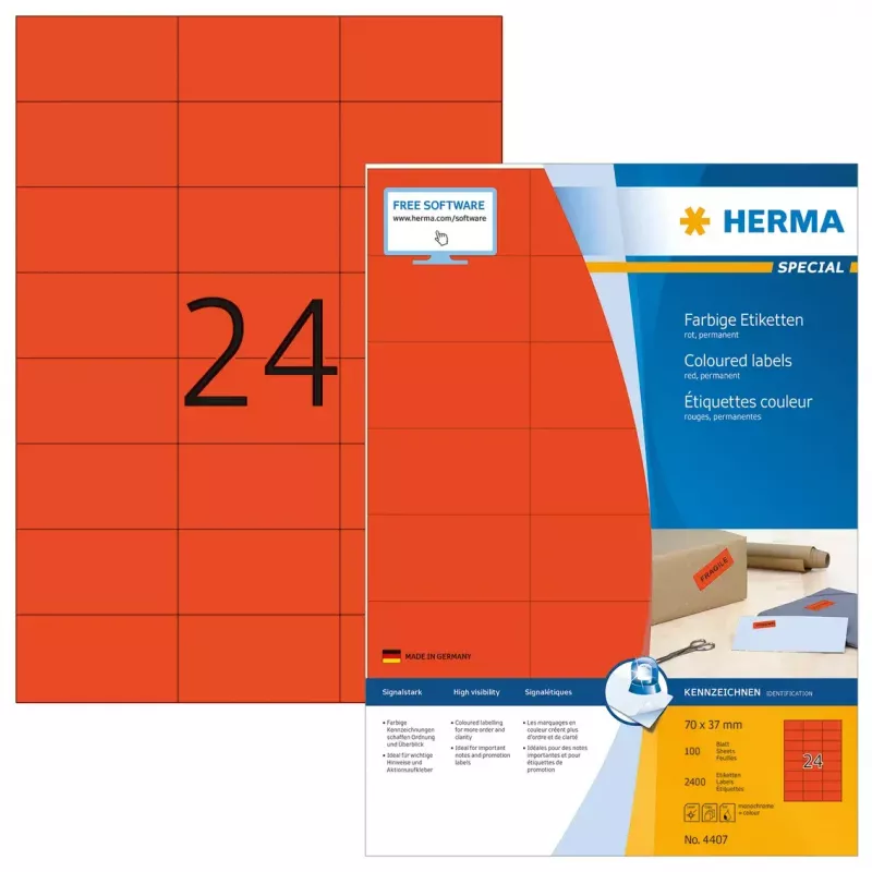 Etiketten HERMA farbig A4 70x37 mm rot Papier matt 2400 Stück
