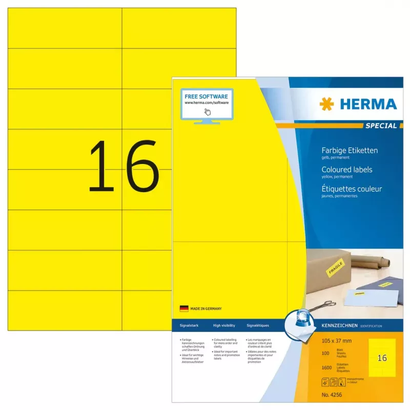 Etiketten HERMA farbig A4 105x37 mm gelb Papier matt 1600 Stück