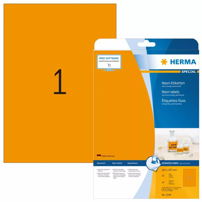 Neon-Etiketten HERMA A4 210x297 mm leuchtend orange Papier matt 20 Stück