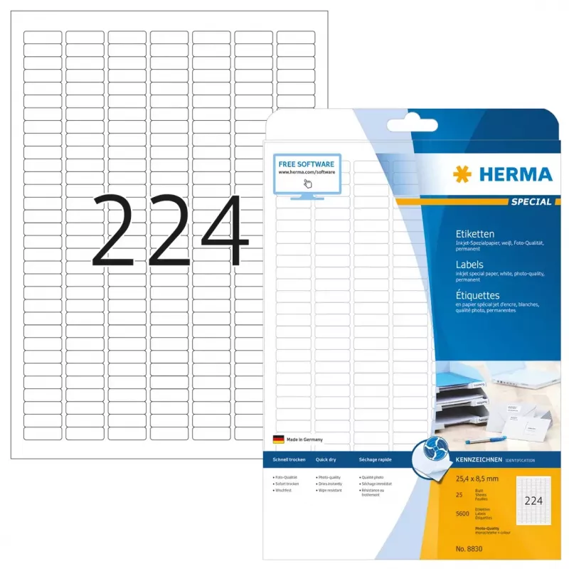Inkjet-Etiketten HERMA A4 25,4x8,5 mm weißes Papier matt 5600 Stück