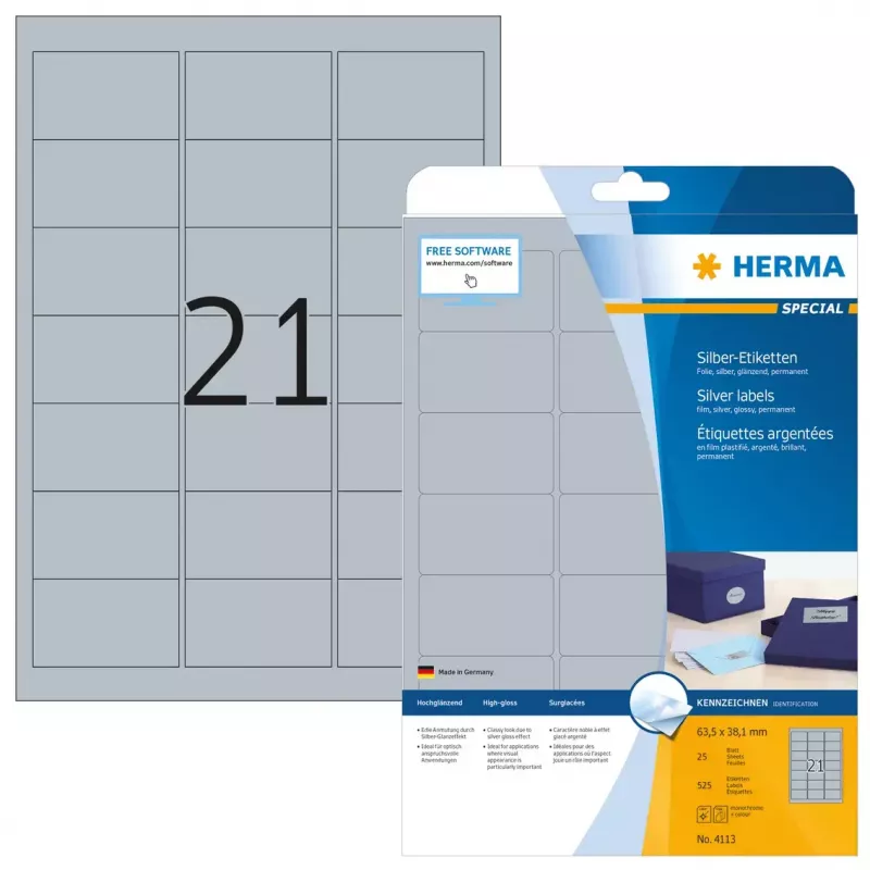 Selbstklebendes Druckeretikett HERMA Labels A4 63,5x38,1 mm silber Folie glänzend