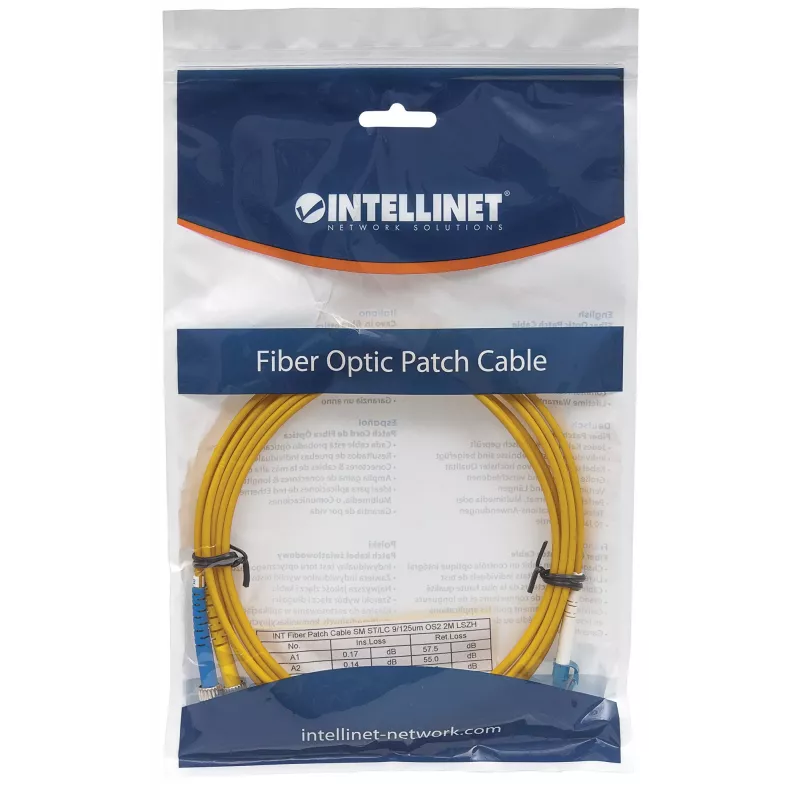 Intellinet Glasfaser-Patchkabel, OS2, LC/ST, 5 m, Gelb, Duplex, Singlemode, 9/125 µm, LSZH, Glasfaser, Lebenslange Garantie