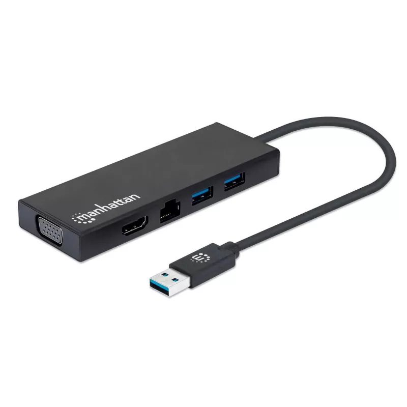 Manhattan USB-A-Dock/Hub, Anschlüsse (x5): Ethernet, HDMI, USB-A (x2) und VGA, Micro-USB-Stromeingang (optional, nur wenn zusätzliche Stromversorgung benötigt wird. Nicht erforderlich für Dual-Monitor-Funktionalität. Kabel nicht im Lieferumfang enthalten), Aluminium, Schwarz, Drei Jahre Garantie