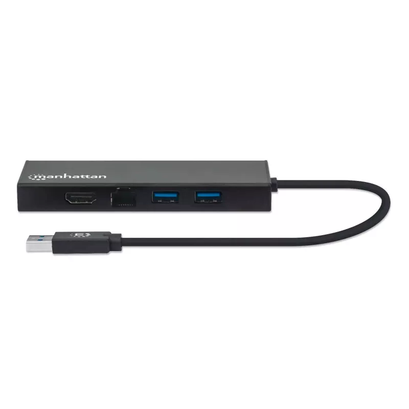Manhattan USB-A-Dock/Hub, Anschlüsse (x5): Ethernet, HDMI, USB-A (x2) und VGA, Micro-USB-Stromeingang (optional, nur wenn zusätzliche Stromversorgung benötigt wird. Nicht erforderlich für Dual-Monitor-Funktionalität. Kabel nicht im Lieferumfang enthalten), Aluminium, Schwarz, Drei Jahre Garantie