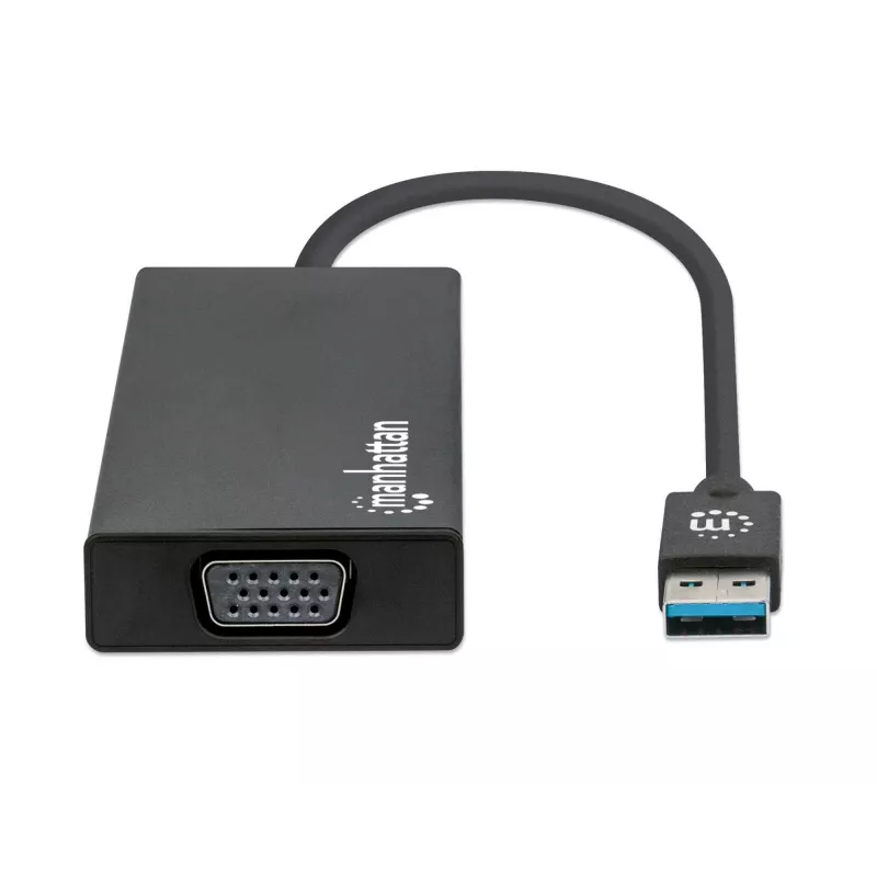 Manhattan USB-A-Dock/Hub, Anschlüsse (x5): Ethernet, HDMI, USB-A (x2) und VGA, Micro-USB-Stromeingang (optional, nur wenn zusätzliche Stromversorgung benötigt wird. Nicht erforderlich für Dual-Monitor-Funktionalität. Kabel nicht im Lieferumfang enthalten), Aluminium, Schwarz, Drei Jahre Garantie