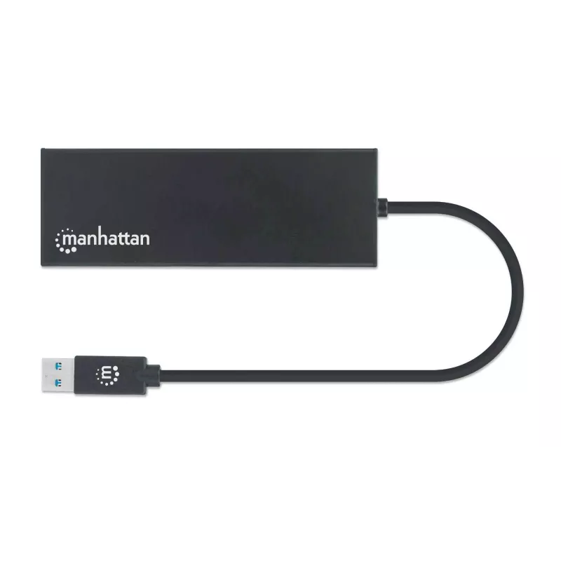Manhattan USB-A-Dock/Hub, Anschlüsse (x5): Ethernet, HDMI, USB-A (x2) und VGA, Micro-USB-Stromeingang (optional, nur wenn zusätzliche Stromversorgung benötigt wird. Nicht erforderlich für Dual-Monitor-Funktionalität. Kabel nicht im Lieferumfang enthalten), Aluminium, Schwarz, Drei Jahre Garantie