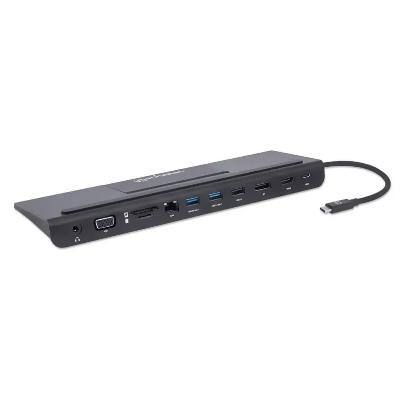 Manhattan USB-C Dock/Hub mit Kartenleser und MST, Anschlüsse (x9): Audio 3,5 mm, DisplayPort, Ethernet, HDMI, USB-A (x3), USB-C und VGA, mit Power Delivery (100 W) zum USB-C-Anschluss (Hinweis: zusätzliches USB-C-Netzteil und USB-C-Kabel erforderlich), alle Anschlüsse können gleichzeitig genutzt werden