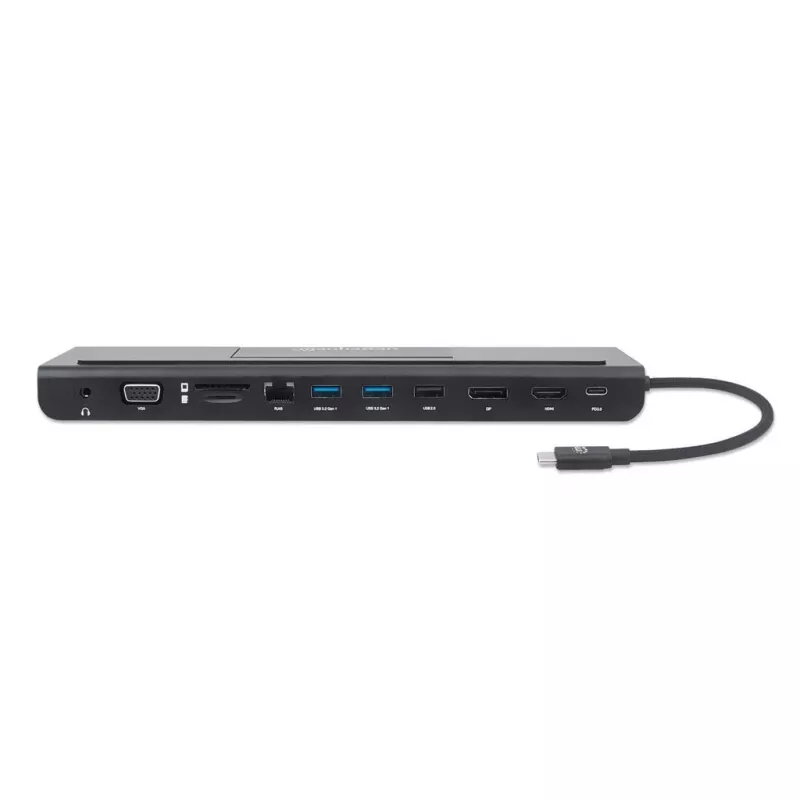 Manhattan USB-C Dock/Hub mit Kartenleser und MST, Anschlüsse (x9): Audio 3,5 mm, DisplayPort, Ethernet, HDMI, USB-A (x3), USB-C und VGA, mit Power Delivery (100 W) zum USB-C-Anschluss (Hinweis: zusätzliches USB-C-Netzteil und USB-C-Kabel erforderlich), alle Anschlüsse können gleichzeitig genutzt werden