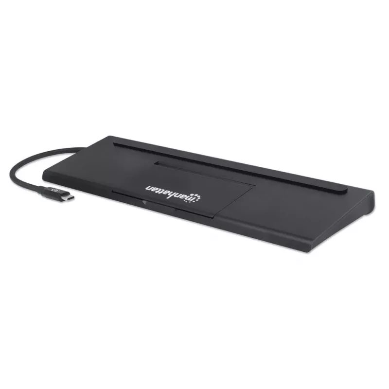 Manhattan USB-C Dock/Hub mit Kartenleser und MST, Anschlüsse (x9): Audio 3,5 mm, DisplayPort, Ethernet, HDMI, USB-A (x3), USB-C und VGA, mit Power Delivery (100 W) zum USB-C-Anschluss (Hinweis: zusätzliches USB-C-Netzteil und USB-C-Kabel erforderlich), alle Anschlüsse können gleichzeitig genutzt werden