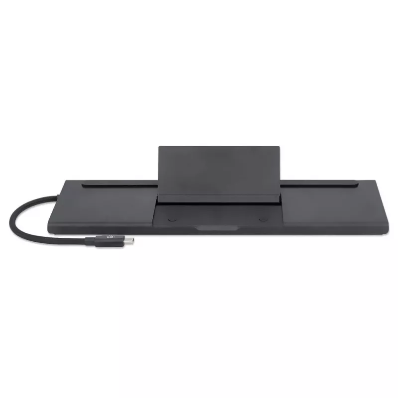Manhattan USB-C Dock/Hub mit Kartenleser und MST, Anschlüsse (x9): Audio 3,5 mm, DisplayPort, Ethernet, HDMI, USB-A (x3), USB-C und VGA, mit Power Delivery (100 W) zum USB-C-Anschluss (Hinweis: zusätzliches USB-C-Netzteil und USB-C-Kabel erforderlich), alle Anschlüsse können gleichzeitig genutzt werden