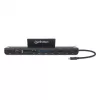 Manhattan USB-C Dock/Hub mit Kartenleser und MST, Anschlüsse (x9): Audio 3,5 mm, DisplayPort, Ethernet, HDMI, USB-A (x3), USB-C und VGA, mit Power Delivery (100 W) zum USB-C-Anschluss (Hinweis: zusätzliches USB-C-Netzteil und USB-C-Kabel erforderlich), alle Anschlüsse können gleichzeitig genutzt werden