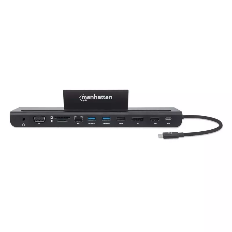 Manhattan USB-C Dock/Hub mit Kartenleser und MST, Anschlüsse (x9): Audio 3,5 mm, DisplayPort, Ethernet, HDMI, USB-A (x3), USB-C und VGA, mit Power Delivery (100 W) zum USB-C-Anschluss (Hinweis: zusätzliches USB-C-Netzteil und USB-C-Kabel erforderlich), alle Anschlüsse können gleichzeitig genutzt werden