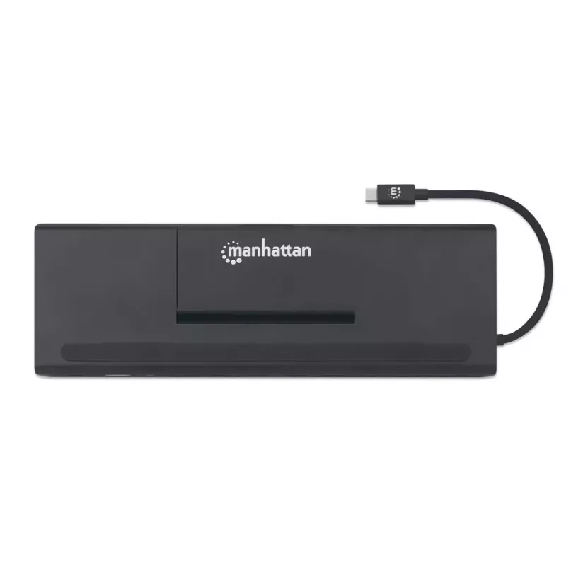 Manhattan USB-C Dock/Hub mit Kartenleser und MST, Anschlüsse (x9): Audio 3,5 mm, DisplayPort, Ethernet, HDMI, USB-A (x3), USB-C und VGA, mit Power Delivery (100 W) zum USB-C-Anschluss (Hinweis: zusätzliches USB-C-Netzteil und USB-C-Kabel erforderlich), alle Anschlüsse können gleichzeitig genutzt werden