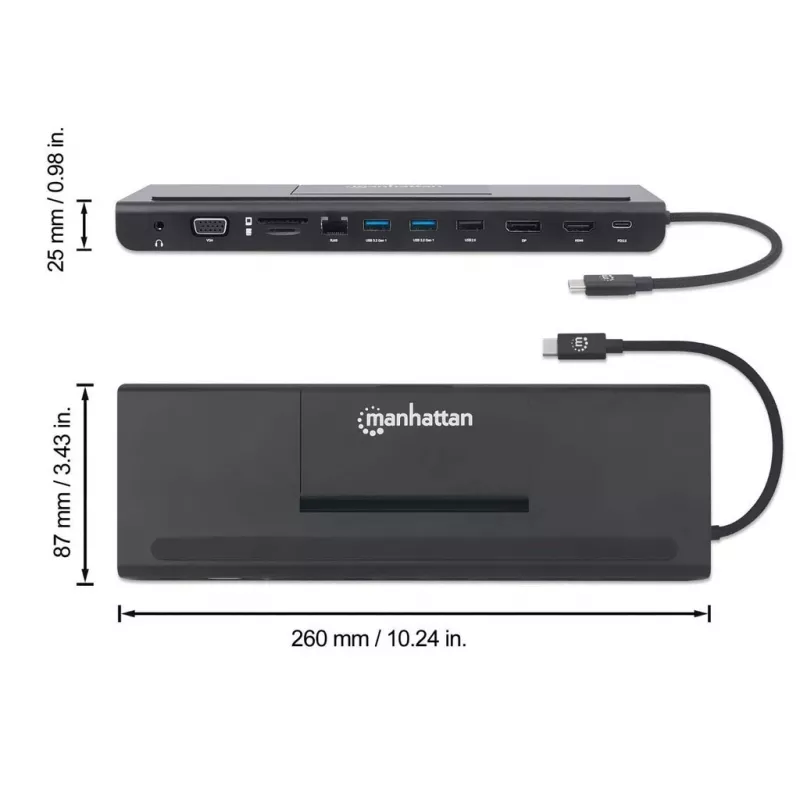 Manhattan USB-C Dock/Hub mit Kartenleser und MST, Anschlüsse (x9): Audio 3,5 mm, DisplayPort, Ethernet, HDMI, USB-A (x3), USB-C und VGA, mit Power Delivery (100 W) zum USB-C-Anschluss (Hinweis: zusätzliches USB-C-Netzteil und USB-C-Kabel erforderlich), alle Anschlüsse können gleichzeitig genutzt werden