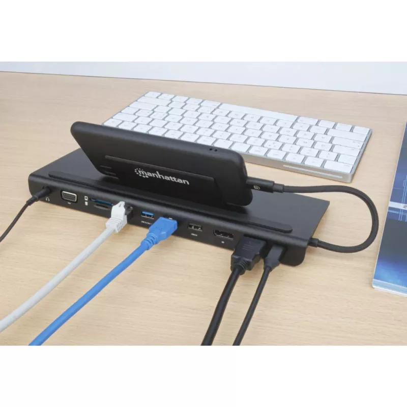 Manhattan USB-C Dock/Hub mit Kartenleser und MST, Anschlüsse (x9): Audio 3,5 mm, DisplayPort, Ethernet, HDMI, USB-A (x3), USB-C und VGA, mit Power Delivery (100 W) zum USB-C-Anschluss (Hinweis: zusätzliches USB-C-Netzteil und USB-C-Kabel erforderlich), alle Anschlüsse können gleichzeitig genutzt werden
