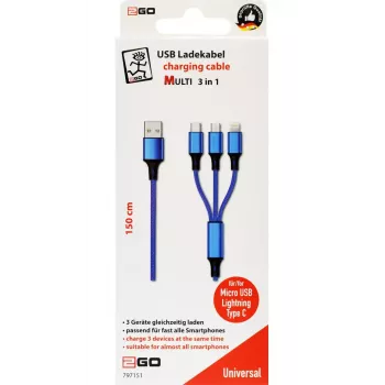 USB-Kabel 2GO 797151 1,5 m USB-B USB-C/Micro-USB-B/Lightning Schwarz Blau