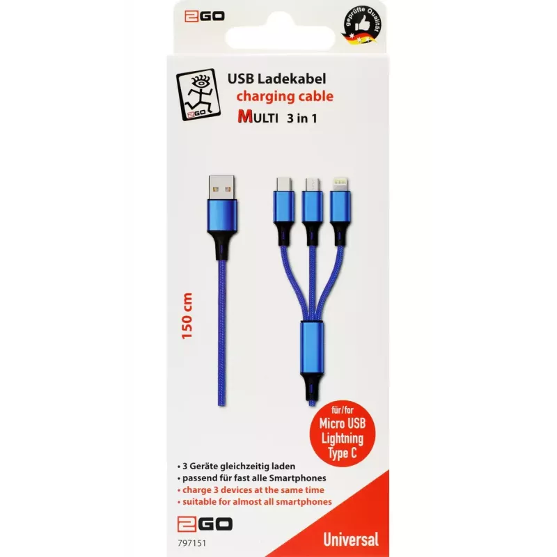 USB-Kabel 2GO 797151 1,5 m USB-B USB-C/Micro-USB-B/Lightning Schwarz Blau