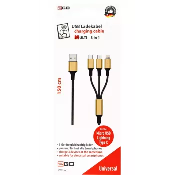 USB-Kabel 2GO 797152 3m USB B USB C/Micro-USB B/Lightning Schwarz Gold